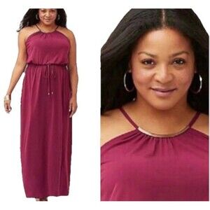 Lane Bryant Maxi Dress 18/20 Purple Metal Neckline Necklace Detail